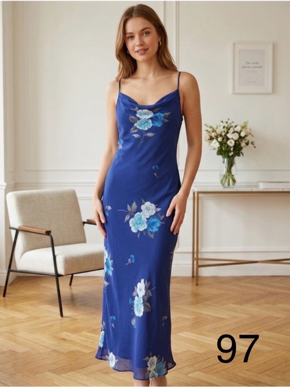 All That Jazz Royal Blue Floral Cowl Slip Maxi Dress